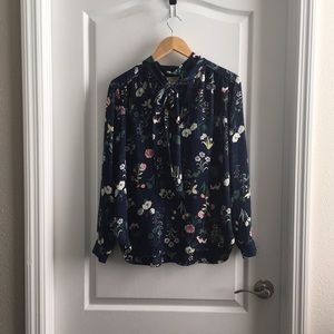 Navy floral pattern blouse with neck bow